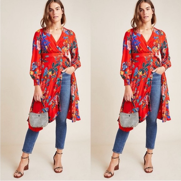 Anthropologie Dresses & Skirts - Anthropologie red floral long sleeve flowy dress